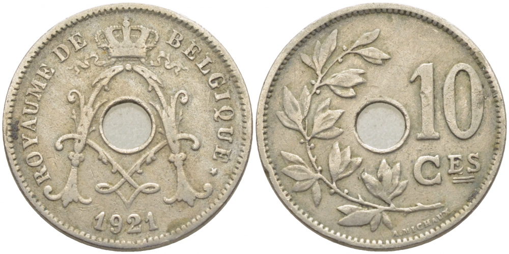 БЕЛЬГИЯ 10 САНТИМОВ 1921 BELGIQUE KM 85.1 медно-никель 3856-437