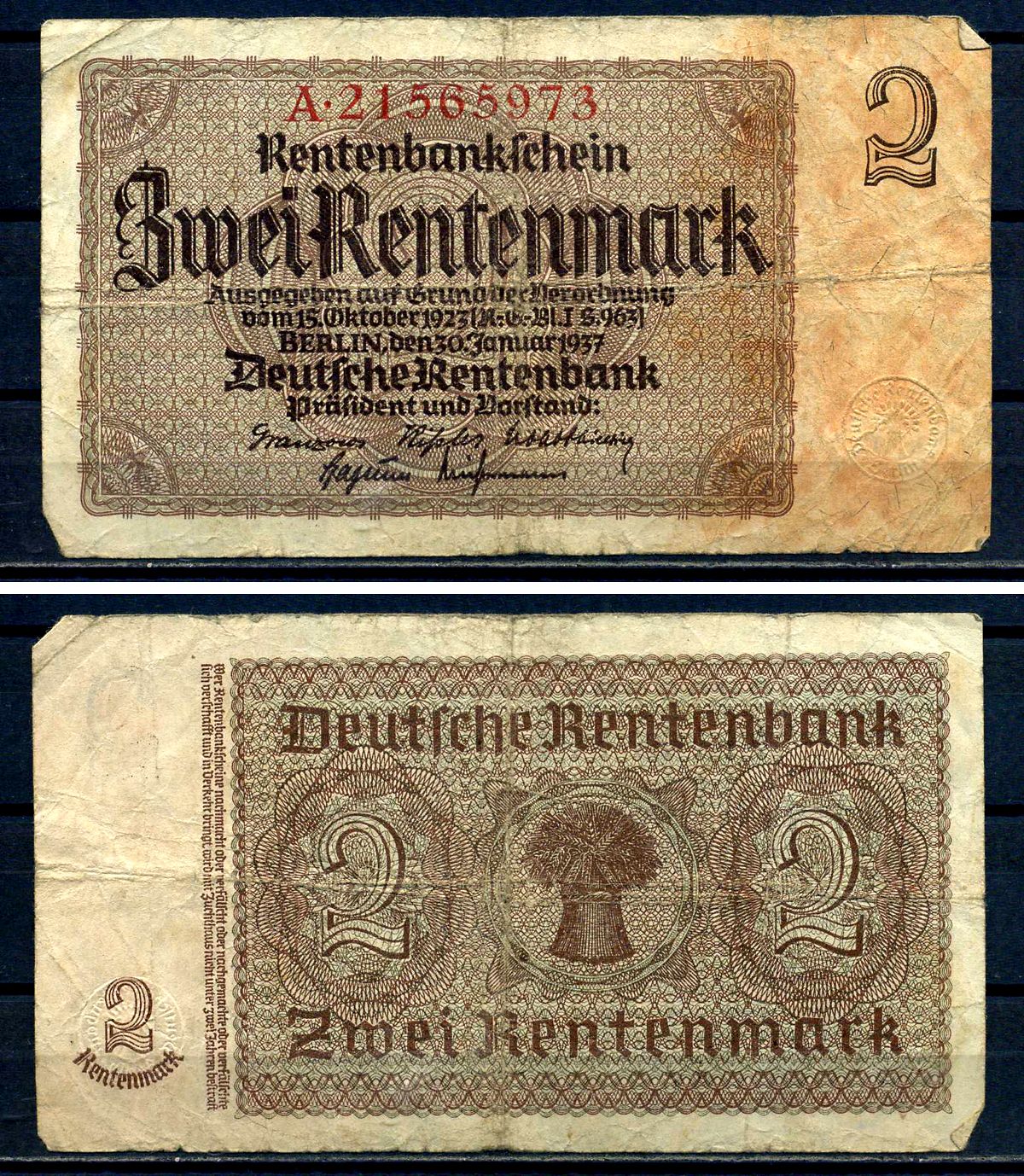 Германия 2 рентенмарки 1937 Pick 174 b бумага 8621-47-3-2