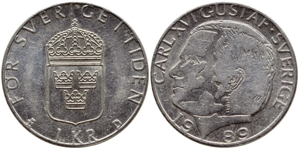 Швеция 1 крона 1989 Карл XVI Густав (1973- ) KM 852a медно-никель 4397-1242
