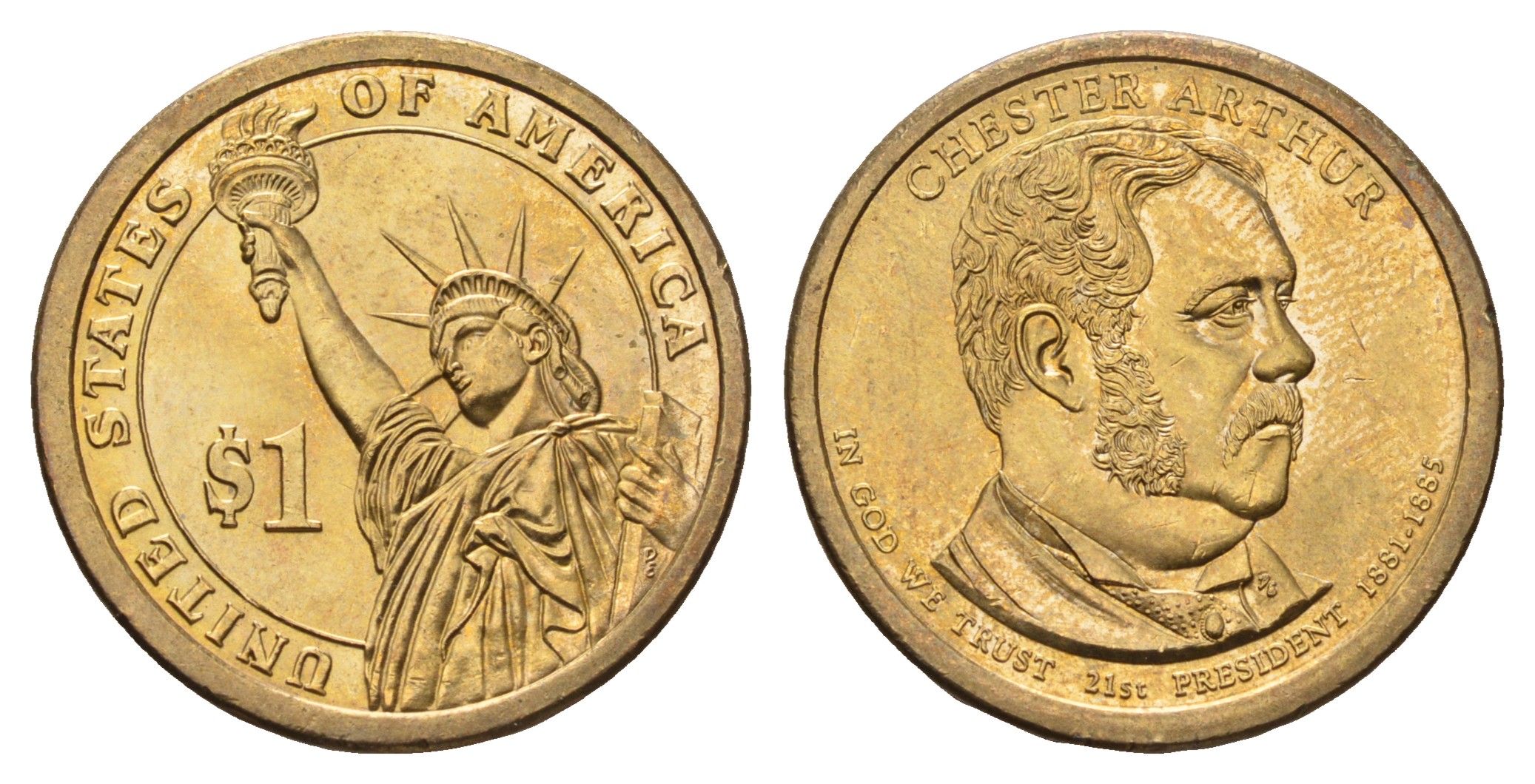 США 1 доллар 2012 P, Президент США - Честер Алан Артур (1881–1885) KM 524 медь с марганцево-латунным покрытием UNC 4698-937