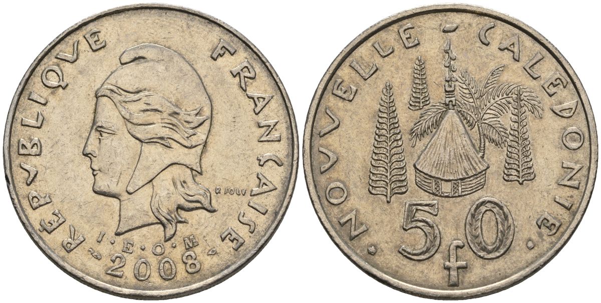 Французская Новая Каледония 50 франков 2008 хижина среди сосен и пальм, (IEOM) KM 13a, Schoen 15a, Lec 128i медно-никель 4111-334