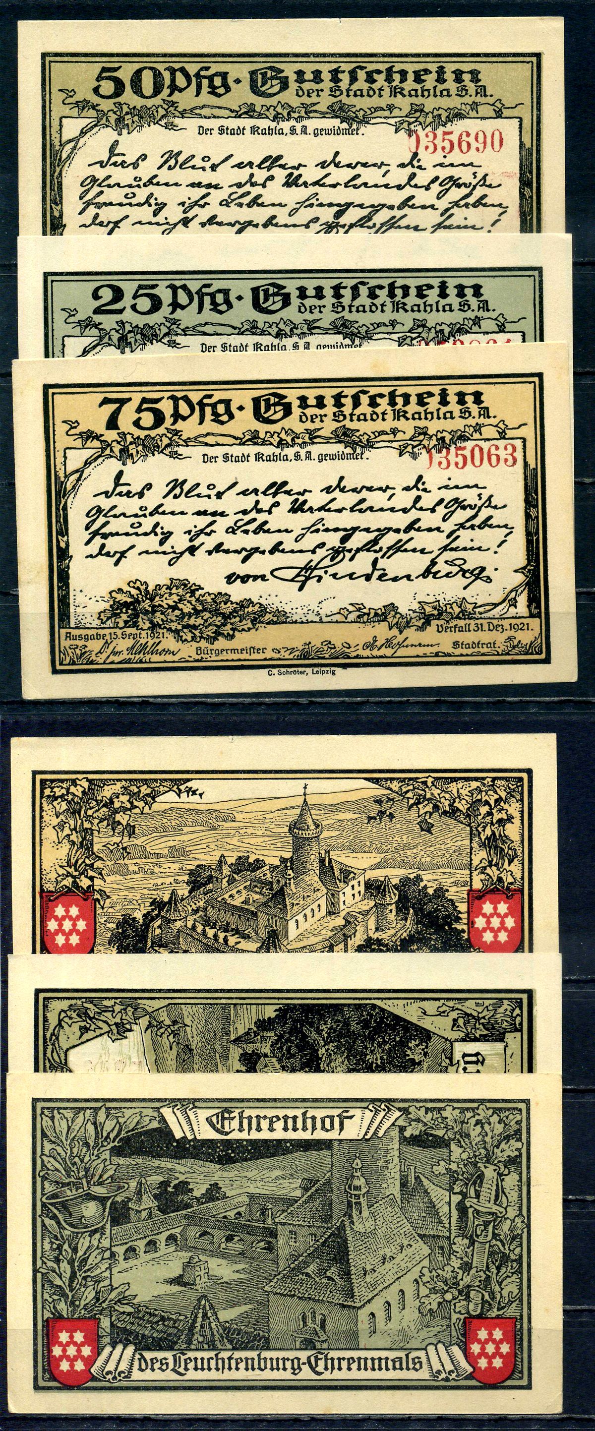 Кала (Тюрингия) полный набор из 3 нотгельдов (25, 50 и 75 пфеннигов) 1921 Mehl Grabowski 668.6b бумага 7555-58-4-2