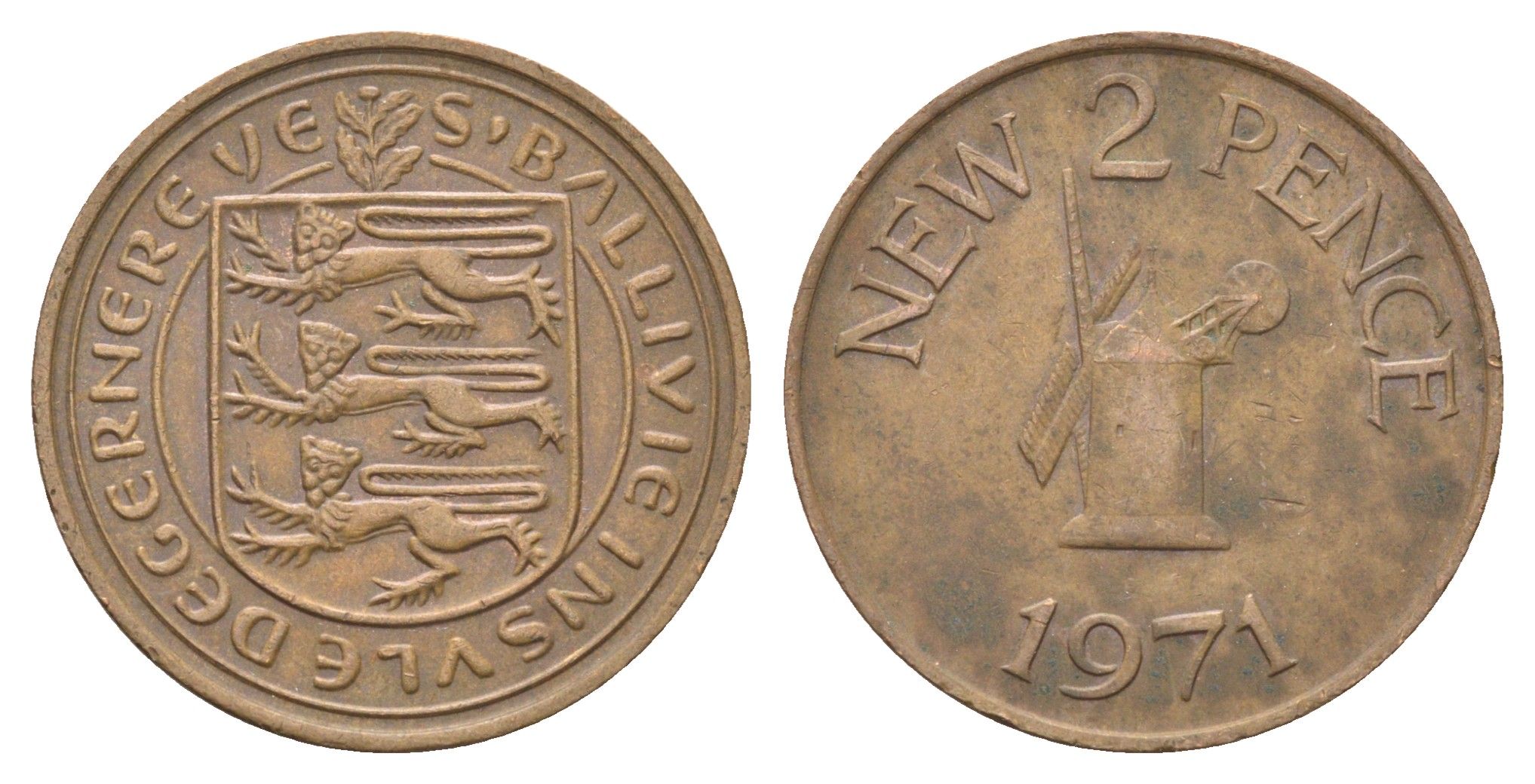 Гернси 2 новых пенса 1971 Елизавета II (1952-2022), ветряная мельница KM 22 бронза 4703-1055