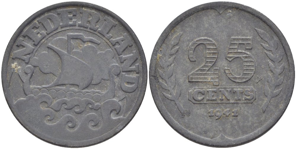 НИДЕРЛАНДЫ 25 ЦЕНТОВ 1941 KM 174 цинк 83-215