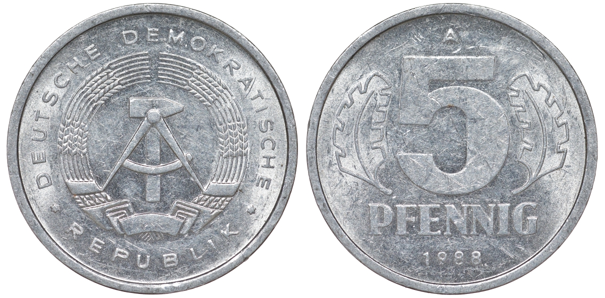 ГДР 5 ПФЕННИГОВ 1988 А алюминий 62-545