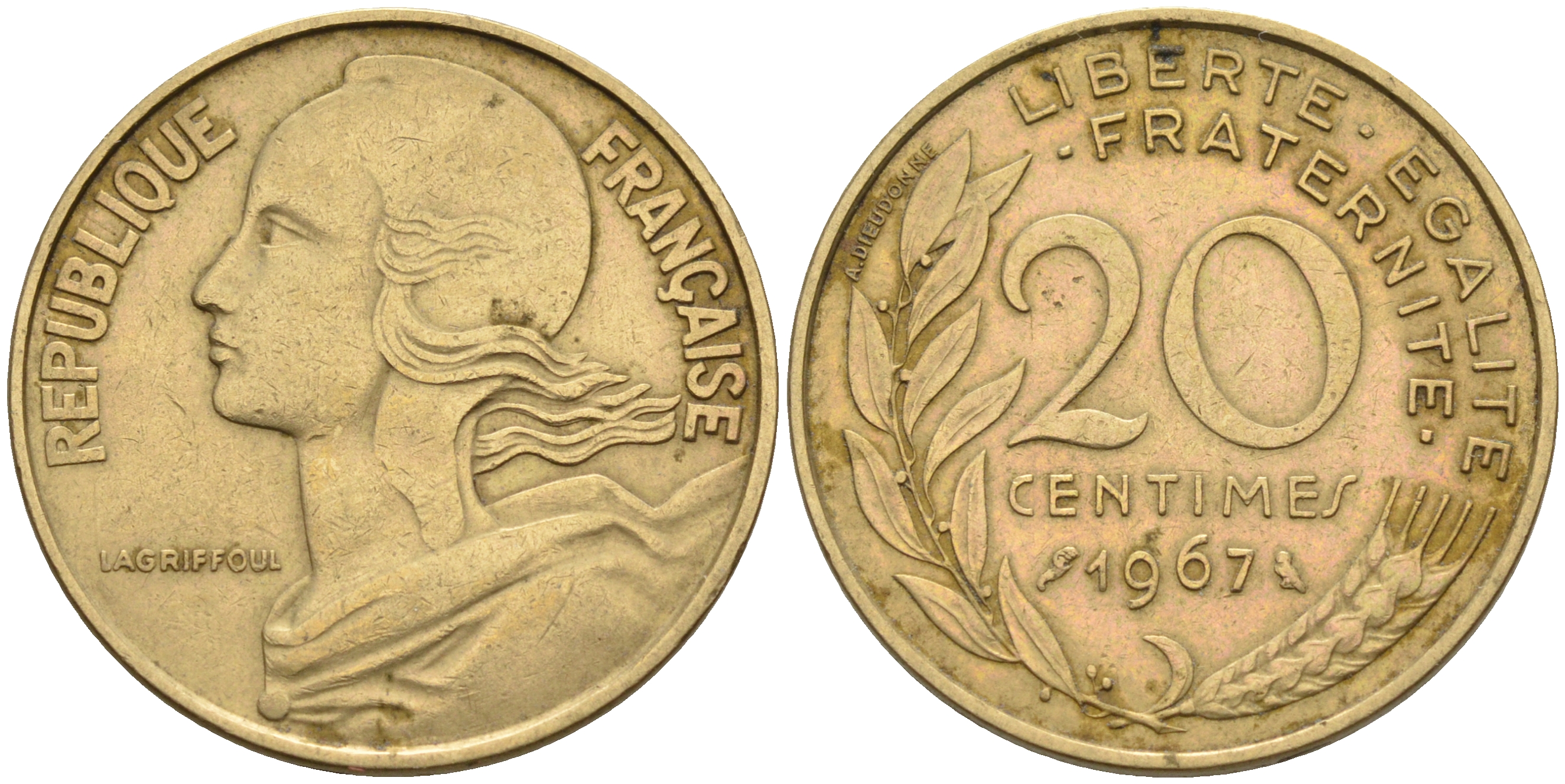 Франция 20 сантимов 1967 тип Марианна KM 930 медь алюминий никель 4116-516