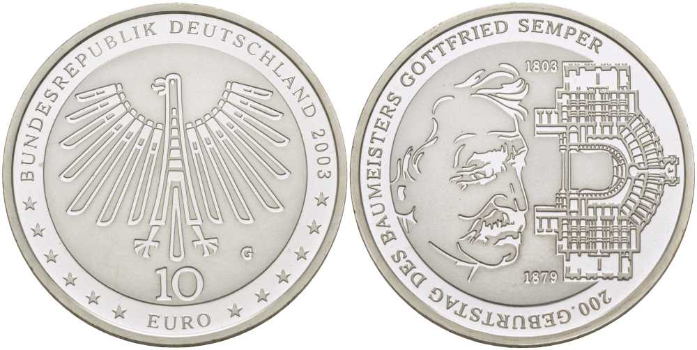 ФРГ 10 евро 2003 G, 200 лет Готфриду Земперу KM 227, DE.S. 10.11 серебро PROOF 413-5124