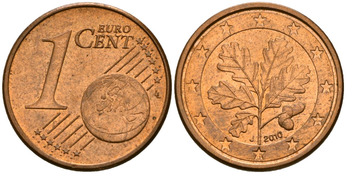 ФРГ 1 евроцент 2010 J KM 207 сталь плакированная медью 4136-353