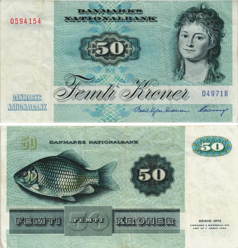 Дания 50 крон 1996-1998 СЕРИЯ D4, РЫБА Pick 50f бумага 8604-26-1-1