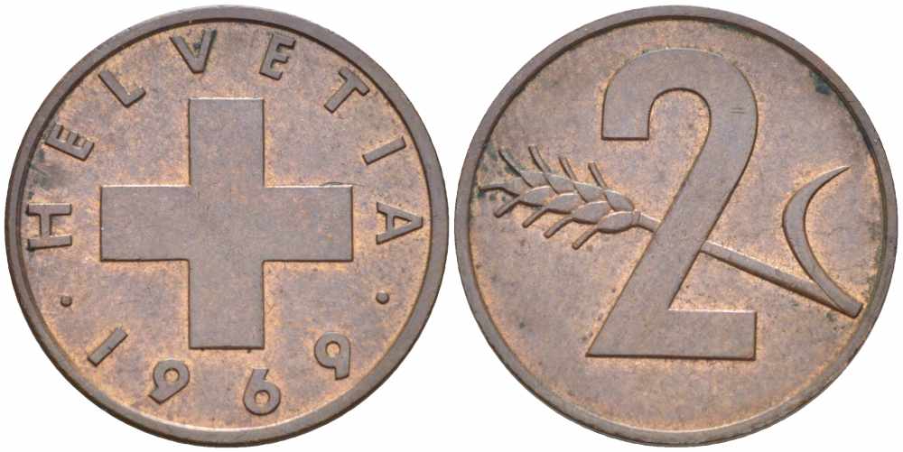 ШВЕЙЦАРИЯ 2 РАППЕНА 1969 KM 47 бронза 25-354