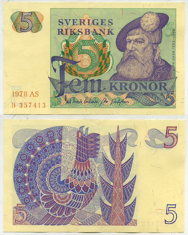 Швеция 5 крон 1978 AS, Густав I Ваза Pick 51d бумага aUNC 444-86-1