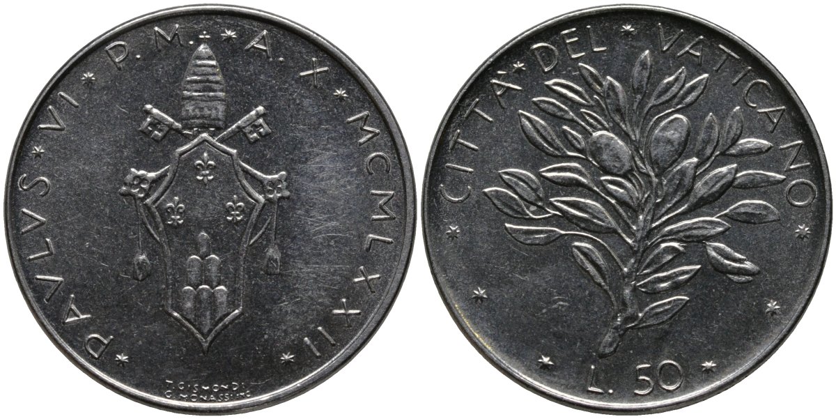 Ватикан 50 лир 1972 Павел VI (1963-1978) KM 121 нержавеющая сталь UNC 4175-313