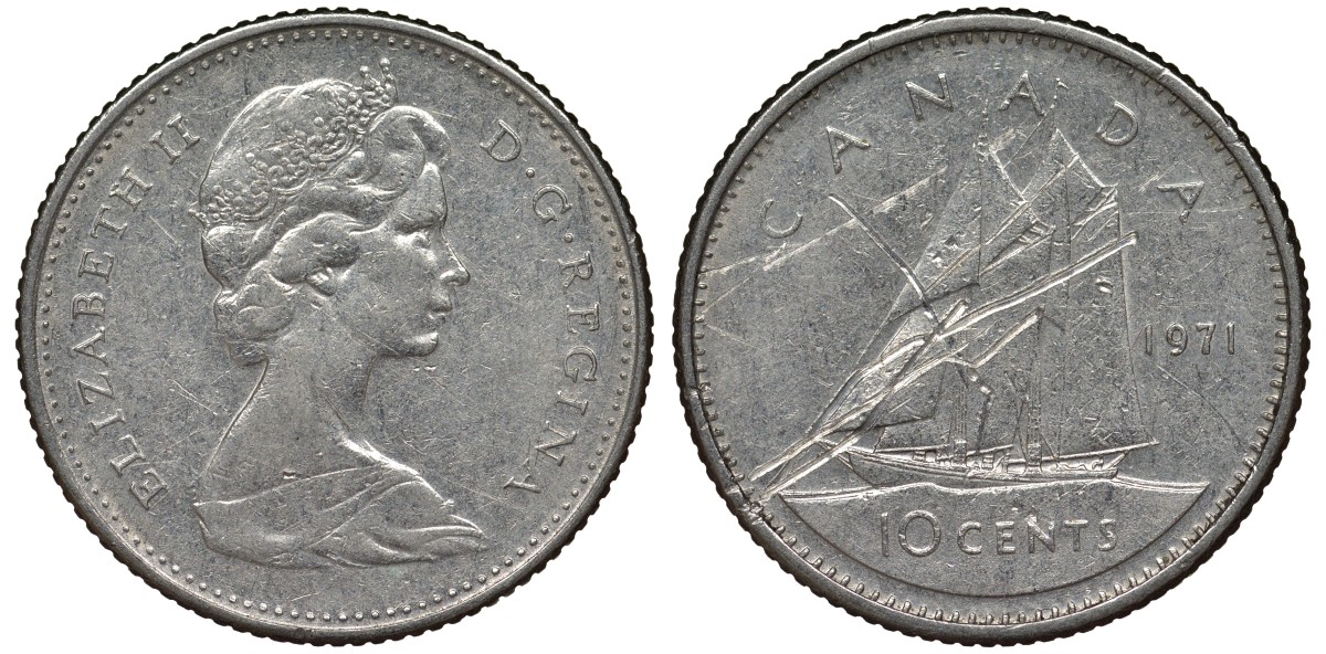 Канада 10 центов 1971 парусник, Елизавета II (1952-) KM 77.1 никель 4124-512