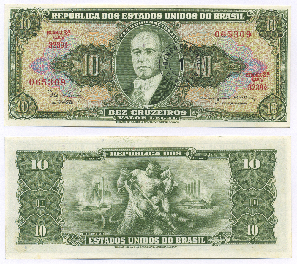 БРАЗИЛИЯ 1 СЕНТАВО 1967 НАДПЕЧАТКА НА 10 КРУЗЕЙРО, СЕРИЯ 3239 Pick 183b бумага UNC (ПРЕСС) 7116-9-2