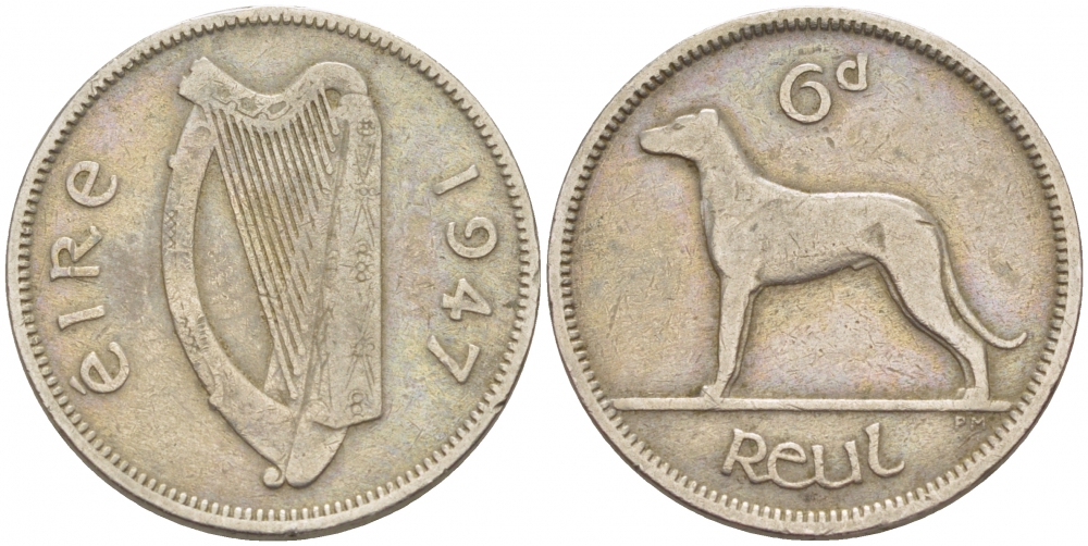 ИРЛАНДИЯ 6 ПЕНСОВ 1947 ИРЛАНДСКИЙ ВОЛКОДАВ KM 13а медно-никель 3457-1261