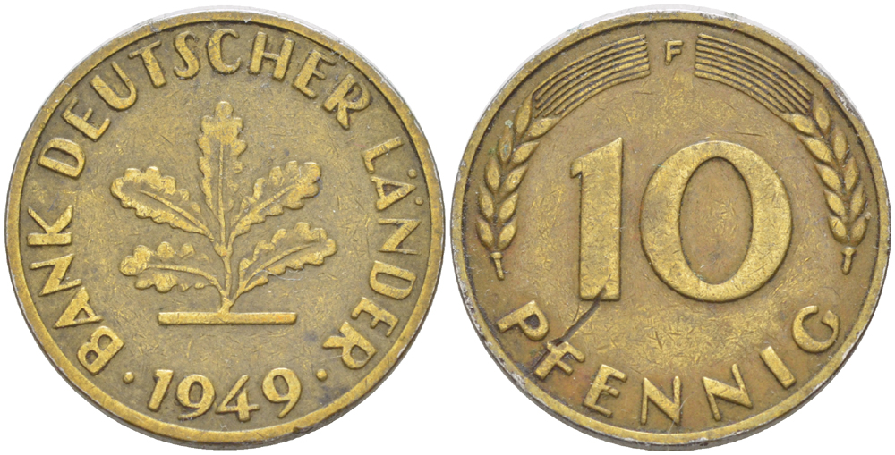 ФРГ 10 ПФЕННИГОВ 1949 F KM 103, J. 378 сталь плакированная латунью 4182-726