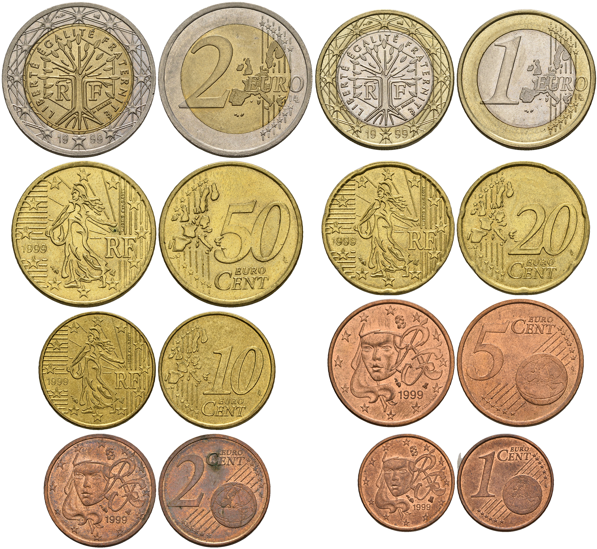 Франция евронабор из 8 монет 1999 (1, 2, 5, 10, 20, 50 ЕВРОЦЕНТОВ, 1, 2 ЕВРО) KM 1282, 1283, 1284, 1285, 1286, 1287, 1288, 1289 биметалл N6-22