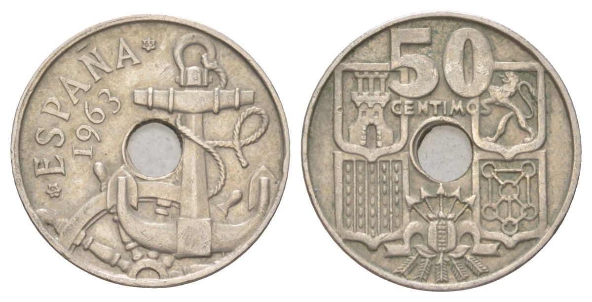 Испания 50 сентимо 1963 (65) Франсиско Франко (1939-1975), морская атрибутика KM 777 медно-никель 4627-921