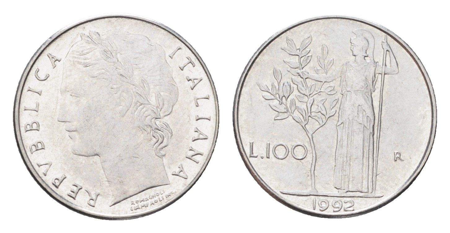 Италия 100 лир 1992 R, Афина в доспехах KM 96.2 нержавеющая сталь 4705-166