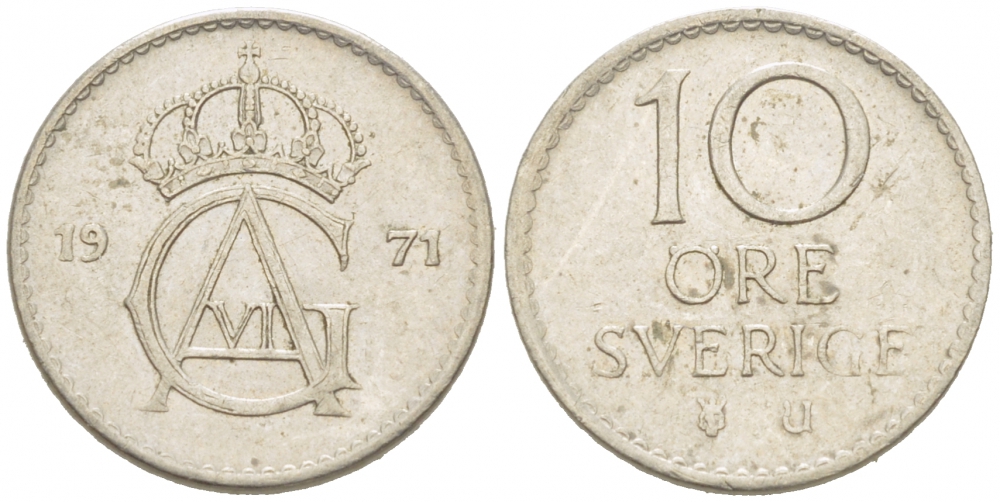 Швеция 10 эре 1971 U, Густав VI Адольф (1950-1973) КМ 835 медно-никель 3955-332