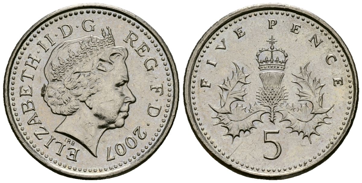 Великобритания 5 пенсов 2007 Елизавета II (1952-2022) KM 988, Spink 4670 (D5) медно-никель 4173-769