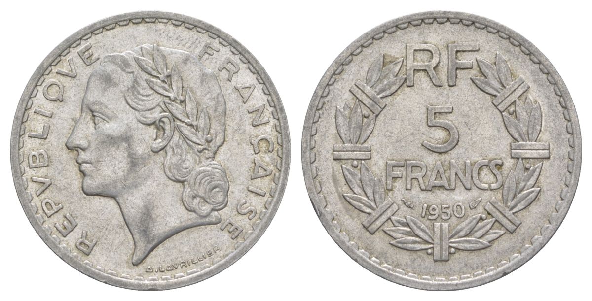 Франция 5 франков 1950 KM 888b.1, Le Franc 339 алюминий 4185-315