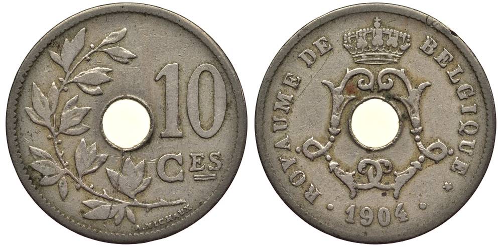БЕЛЬГИЯ 10 САНТИМОВ 1904 BELGIQUE, ЛЕОПОЛЬД II (1865-1909) KM 52 медно-никель 27-915