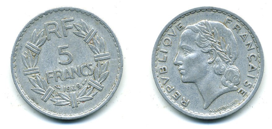 Франция 5 франков 1949 тип Лаврийе KM 888b.1, LE FRANC 339.17 алюминий 25-645