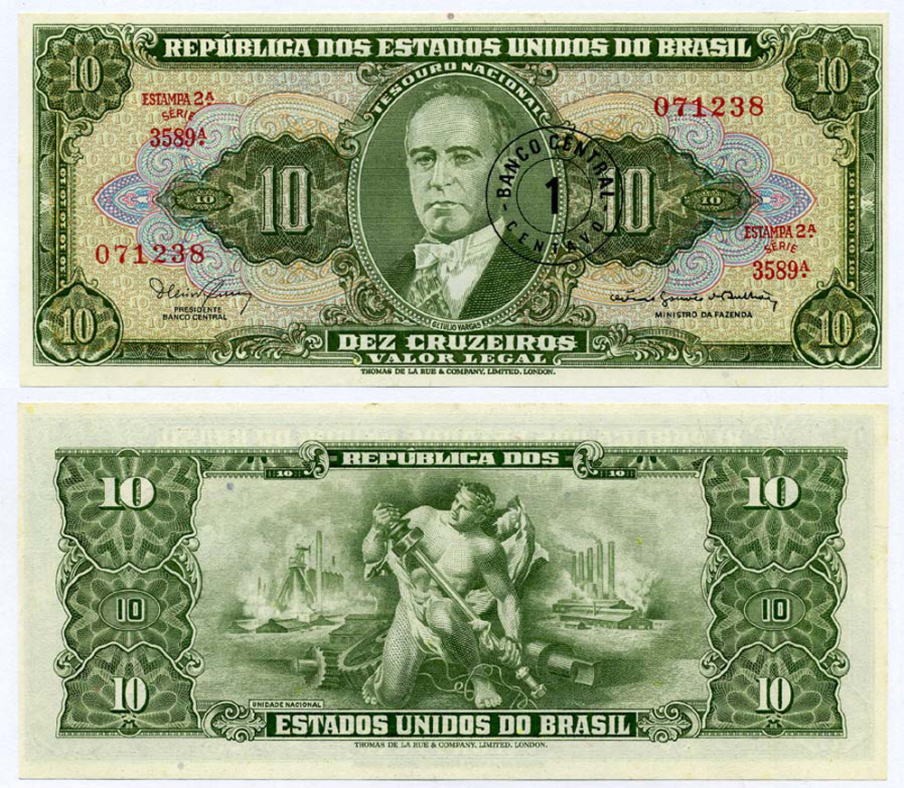БРАЗИЛИЯ 1 СЕНТАВО 1967 НАДПЕЧАТКА НА 10 КРУЗЕЙРО. ЖЕТУ ЛИУ ВАРГАС, ESTAMPA 2A, СЕРИЯ 3589 Pick 183b бумага UNC (ПРЕСС) 8611-36-2-2
