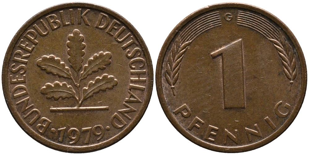 ФРГ 1 ПФЕННИГ 1979 G KM 105, J.380 сталь плакированная медью 96-1114