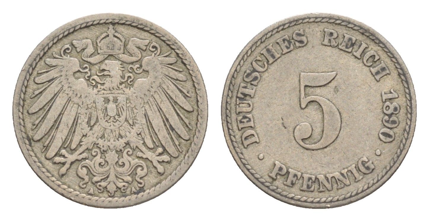 Германия 5 пфеннигов 1890 A, Вильгельм II (1888-1918) KM 11, J. 12 медно-никель 4639-1256
