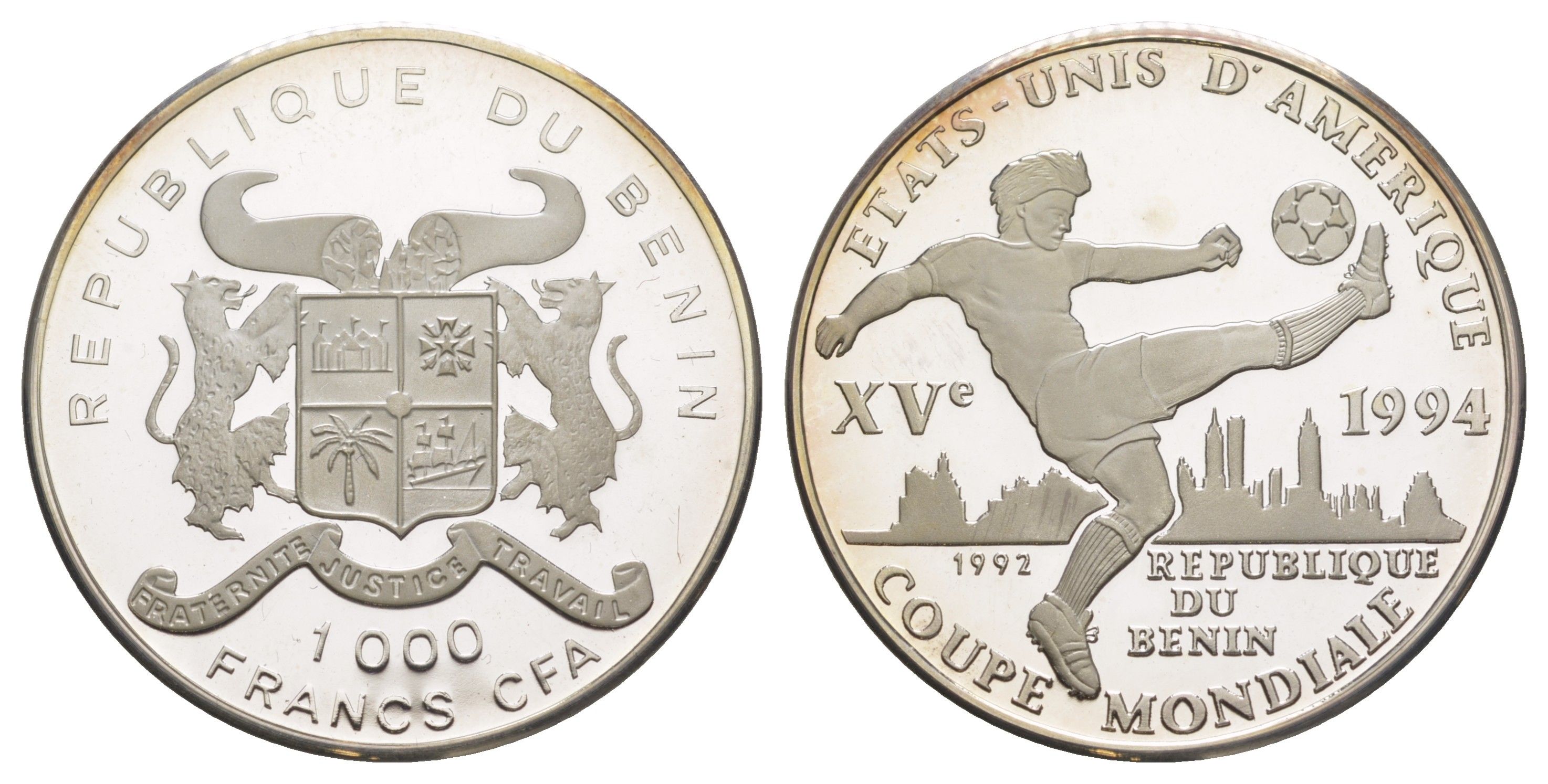 Бенин 1000 франков 1992 Чемпионат мира по футболу - США 1994 KM 5 серебро PROOF 1521-1014