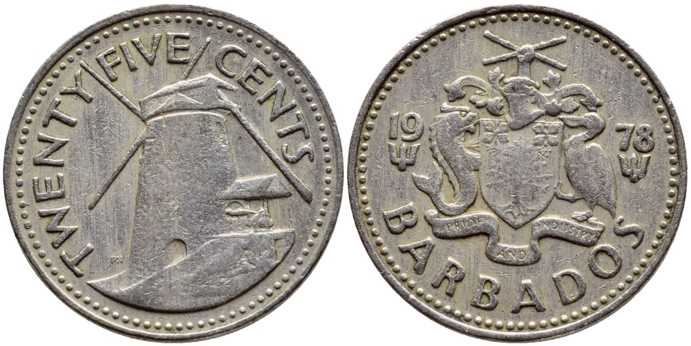 Барбадос 25 центов 1978 ветряная мельница Моргана Льюиса KM 13 медно-никель 4398-346