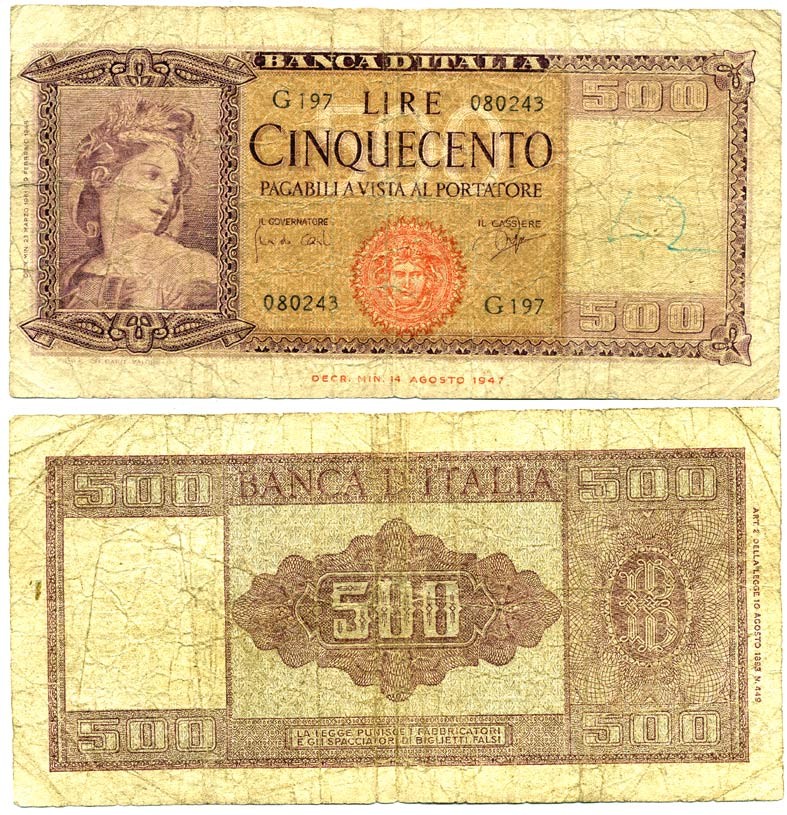Италия 500 лир 1947 Pick 80a бумага 6289-32-3-1