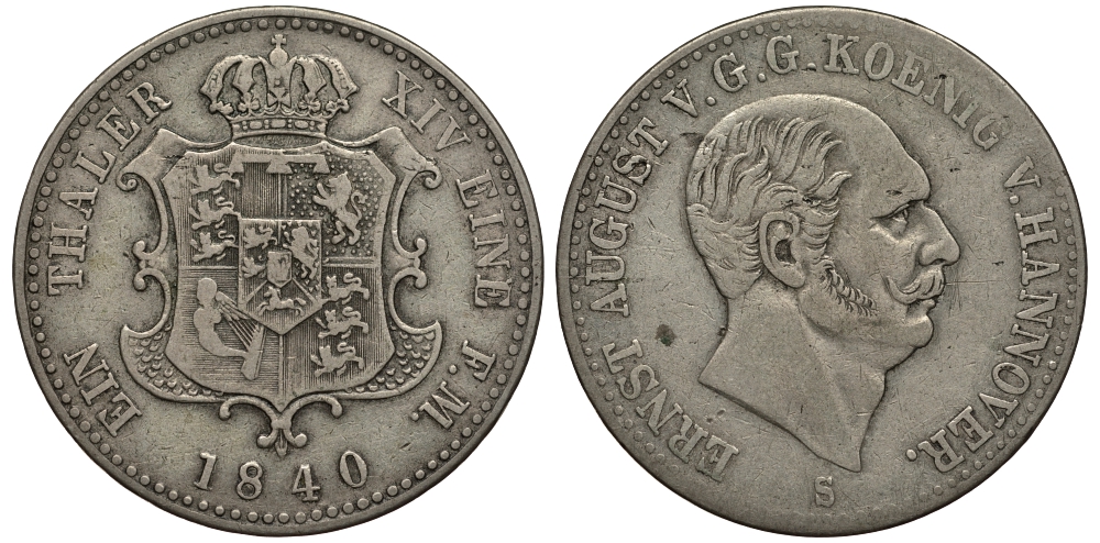 Брауншвейг-Каленберг-Ганновер 1 талер 1840 S, Эрнст Август (1837-1851) редкий КМ 193, Jaeger 68, Thun 161, AKS 103, Kahnt 229 серебро 1517-1445