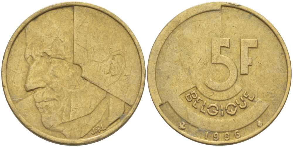 БЕЛЬГИЯ 5 ФРАНКОВ 1986 BELGIQUE, БОДУЭН I (1951-1993) KM 163 латунь или алюминиевая бронза 4364-1945