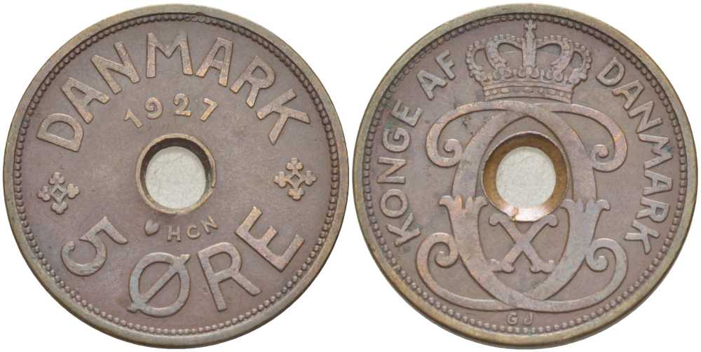 ДАНИЯ 5 ЭРЕ 1927 NCN; GJ, КРИСТИАН X (1912-1947) KM 828.1 бронза 180-1224