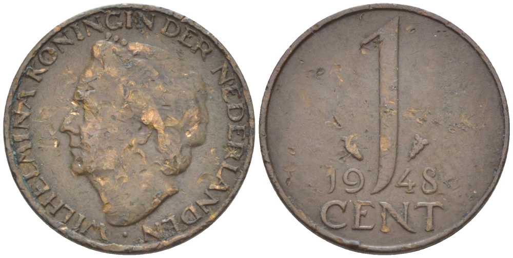 НИДЕРЛАНДЫ 1 ЦЕНТ 1948 ВИЛЬГЕЛЬМИНА (1890-1948) KM 107 бронза 214-1016
