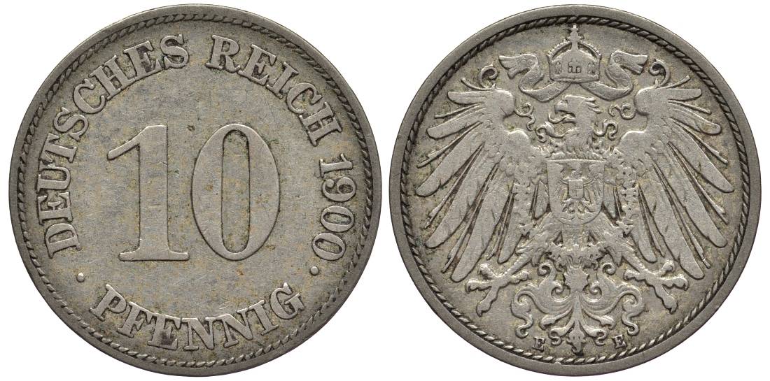 Германия 10 пфеннигов 1900 E KM 12, Jager 13, Weege 8 медно-никель 219-332