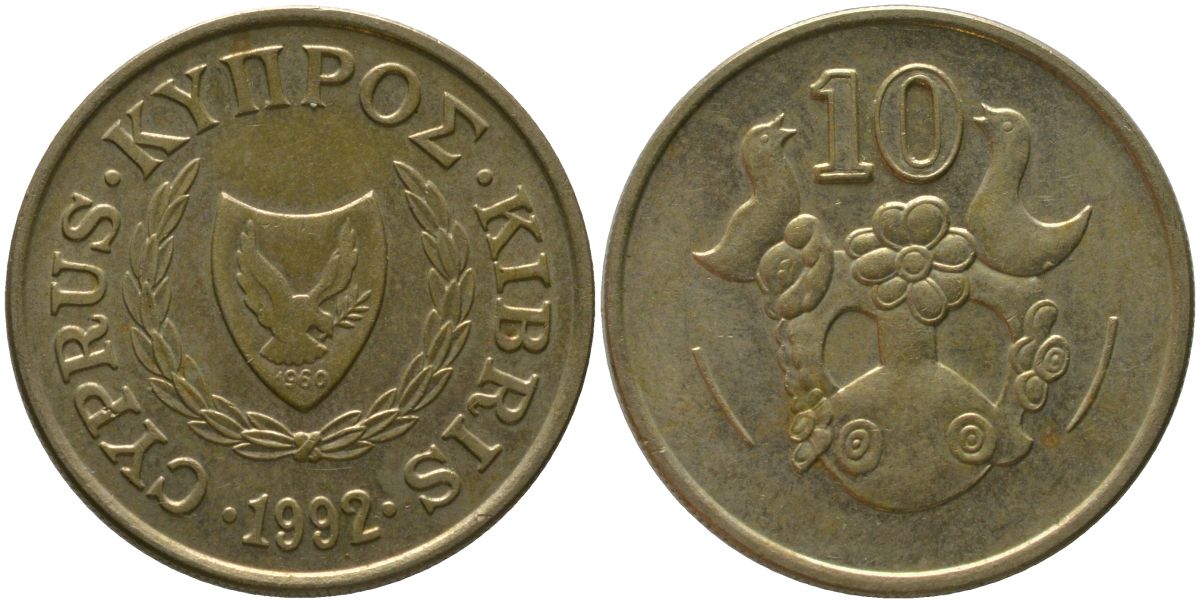 Кипр 10 центов 1992 KM 56.3 никель латунь 4380-316