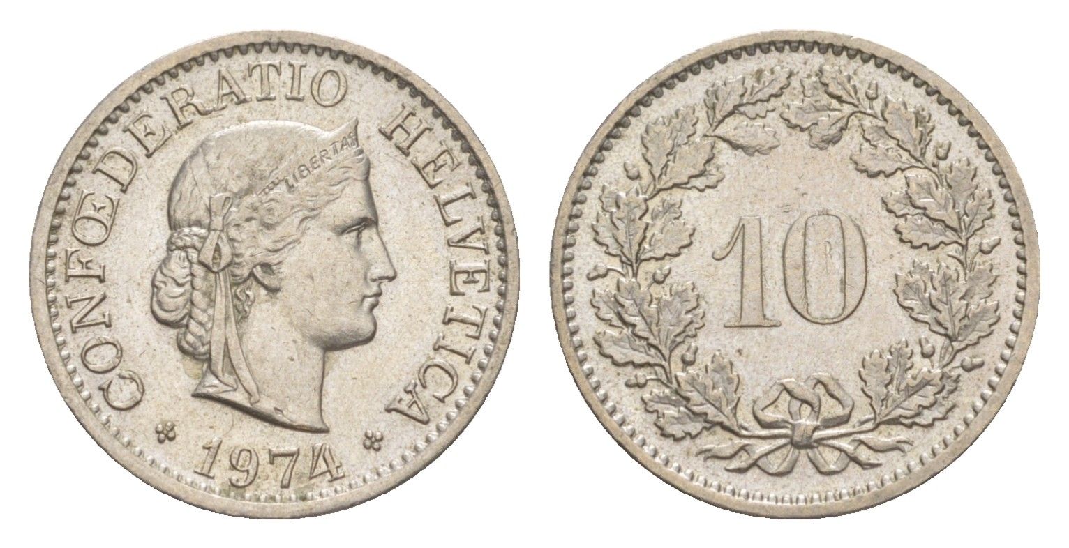 Швейцария 10 раппенов 1974 KM 27 медно-никель 4625-629