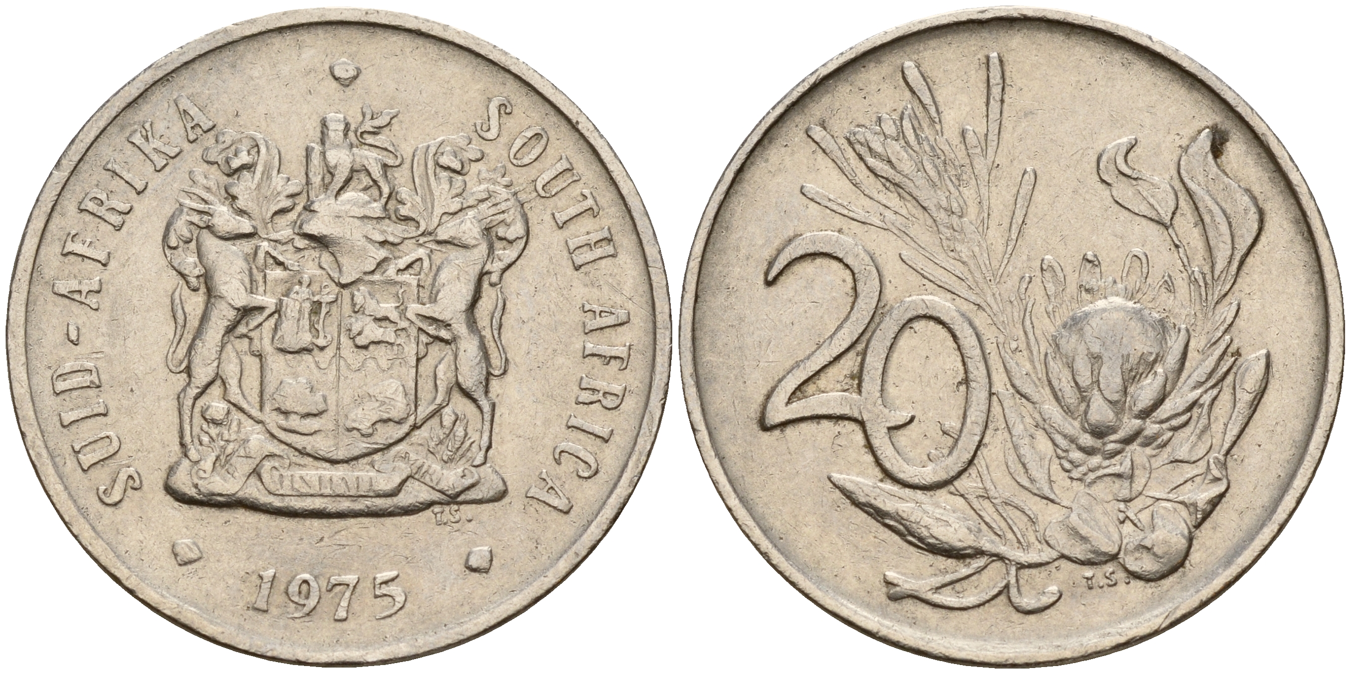 ЮАР 20 центов 1975 герб, цветок протея KM 86  никель    4601-857