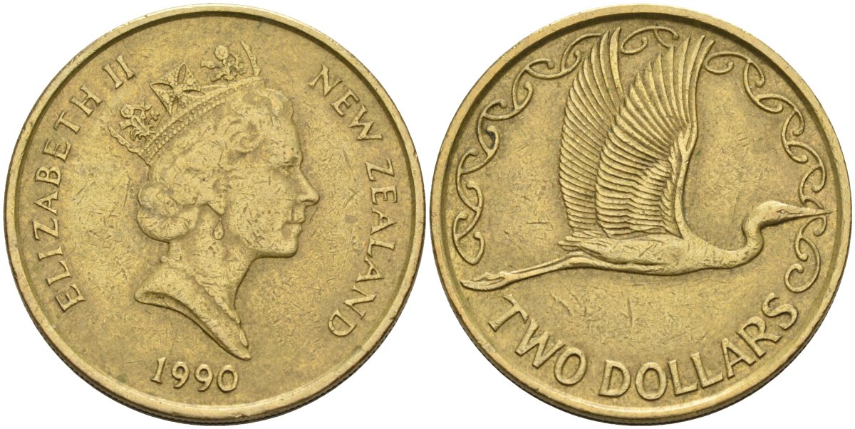 Новая Зеландия 2 доллара 1990 Елизавета II (1952-2022), большая белая цапля KM 79 алюминиевая бронза 4126-1215