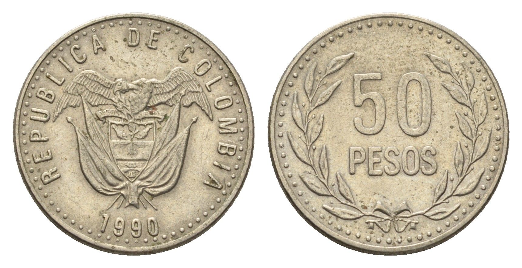 Колумбия 50 песо 1990 KM 283 медь цинк никель 4696-1232