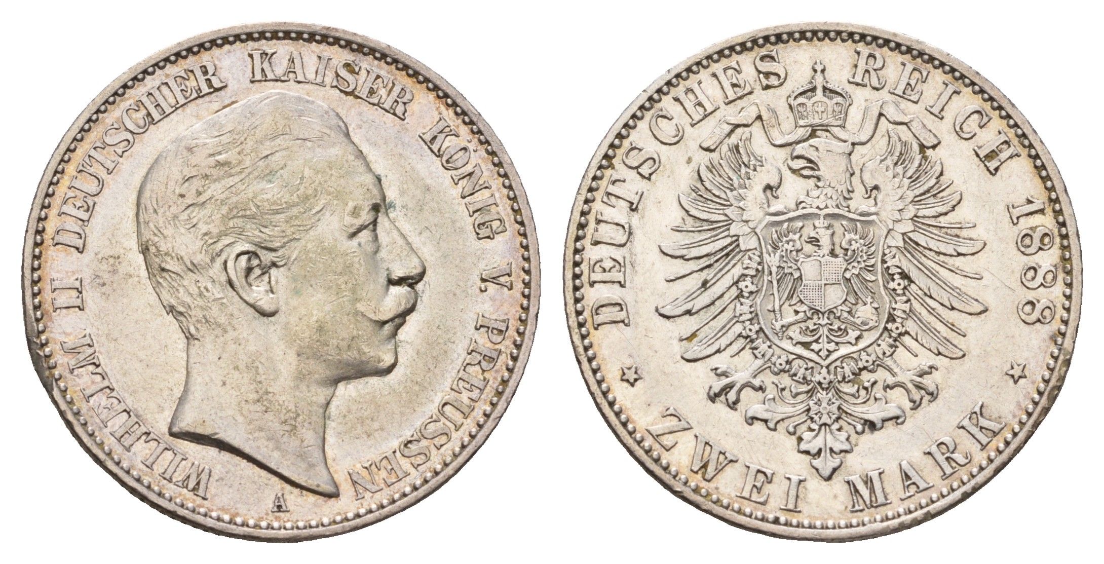 Пруссия 2 марки 1888 A, Вильгельм II (1888-1918) KM 511 серебро 00-814-56