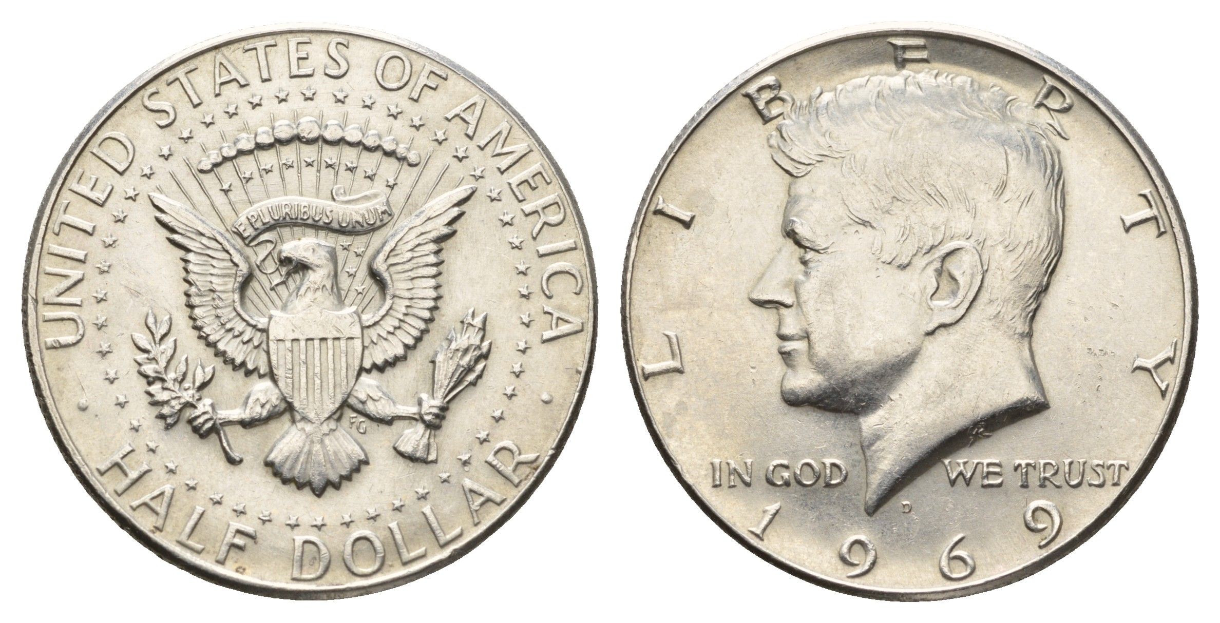 США 1/2 доллара (50 центов) 1969 D, Джон Кеннеди KM 202a серебро UNC 4672-516