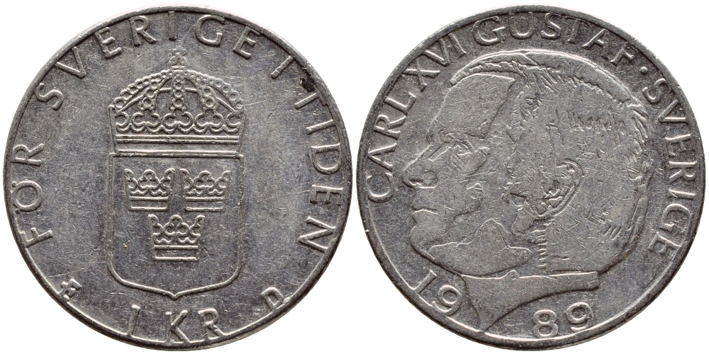 Швеция 1 крона 1989 Карл XVI Густав (1973- ) KM 852a медно-никель 4397-1253