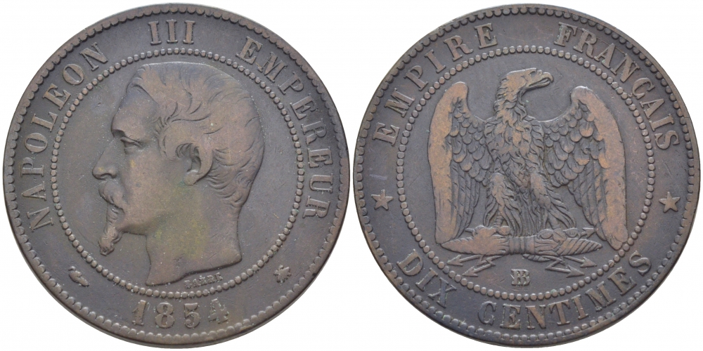 ФРАНЦИЯ 10 САНТИМОВ 1854 BB НАПОЛЕОН III (1852-1870) KM 771.3 бронза 114-1236