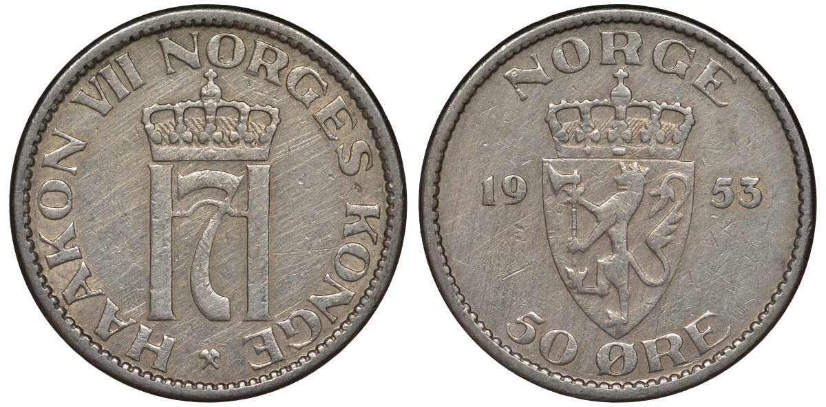 Норвегия 50 эре 1953 Хокон VII (1905-1957) KM 402 медно-никель 4128-1122