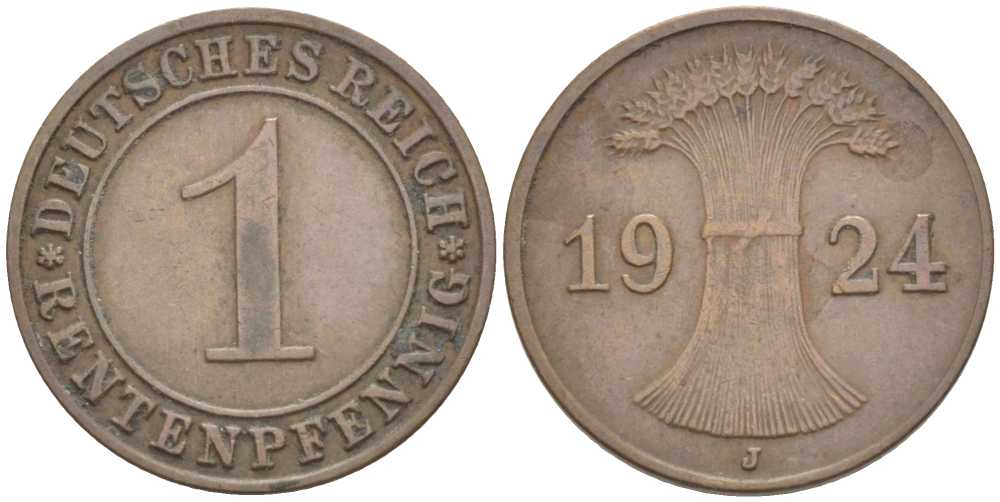 Германия 1 рентенпфенниг 1924 J KM 30, J. 306 бронза 116-863